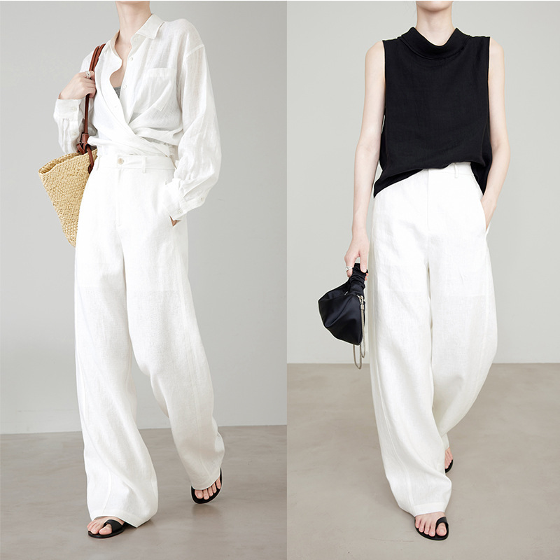 White 100% Linen Pants with a Relaxed Fit, Old Money Style Straight-Leg Pants for Women, Spring/Summer 2026 Casual Pants in Raindrop Color