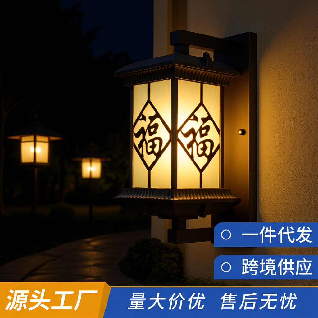 Wall Lamp New Chinese Style Waterproof Villa Courtyard Aisle Exterior Wall Pillar Balcony Solar Stair Lamp Waterproof Wall Lamp