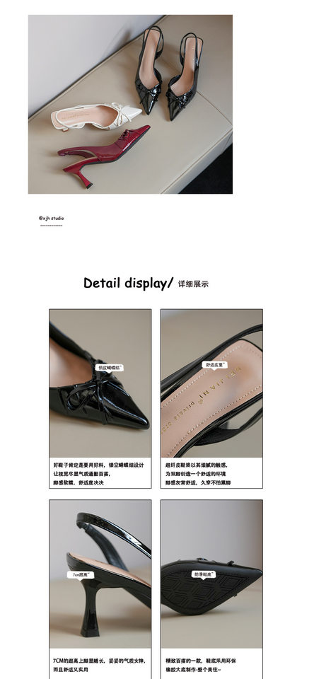 Sandal nữ bít mũi nhọn gót mảnh thắt nơ, quai hậu hở gót, gót 6–8 cm — Màu trắng be, Màu đen, Màu đỏ rượu chi tiết 7