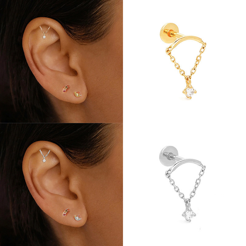 European and American Amazon Cross-border Fashion All-match Diamond-encrusted Tassel Chain Flat Head Thread Puncture Ear Nail Distinctive Ear Nail