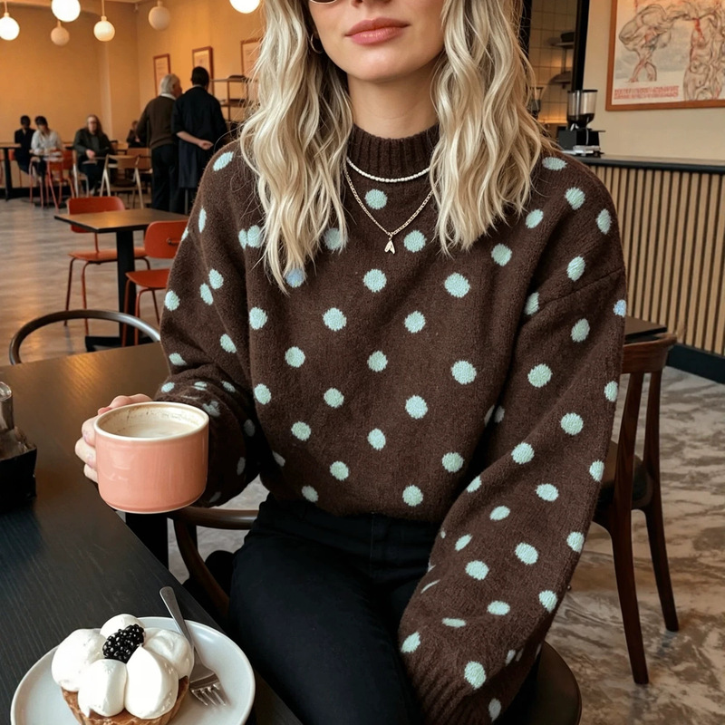 Cross-border best-selling autumn and winter half-turtleneck polka dot sweater for women, featuring color-blocking, a loose fit, dropped shoulders, ribbed cuffs, and a French retro casual style