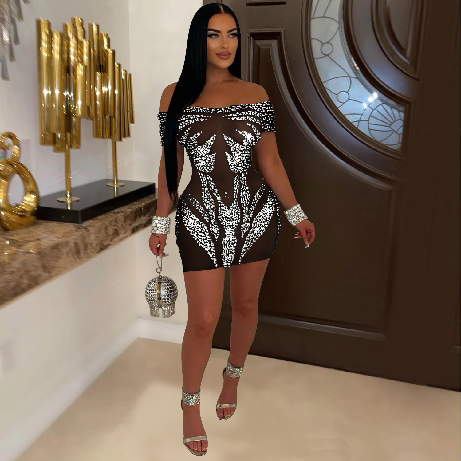 C6926 Aliexpress transfronterizo Amazon estación independiente de moda europea y americana ropa de mujer sexy perforación en perspectiva vestido corto