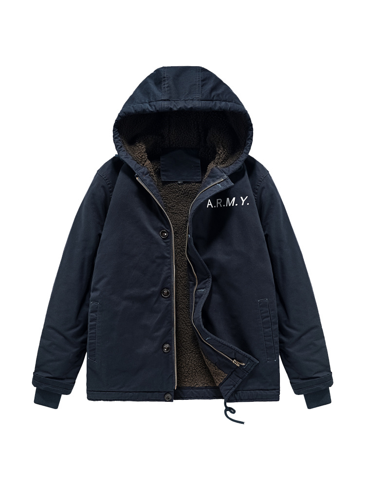 Abrigo de invierno para hombre al aire libre casual a prueba de viento con capucha superior suelta transfronteriza forrada de lana engrosada chaqueta de trabajo para hombres