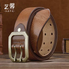纯手工制作美式黄铜真皮复古做旧简约工装牛仔裤皮带腰带 男款