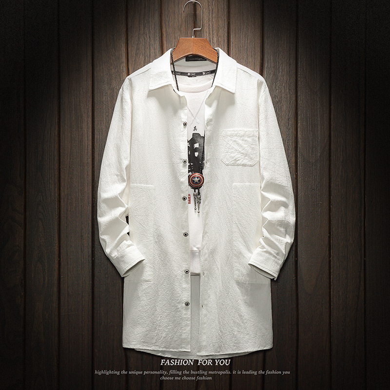 2026 Spring and Summer New Style Mid-Length Shirt Men's Long-Sleeved Loose and Stylish Cotton and Linen Shirt Trendy Large Size Jacket