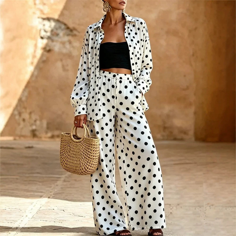 2026 Spring and Autumn Polka Dot Casual Suit for Women, Loose Wide-Leg Pants Two-Piece Set, Fashionable and Versatile Commuting Design