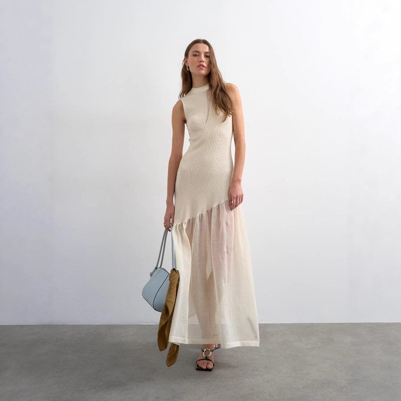 French-Style Light Mature Style Ribbed Knit Dress for Women, Summer Mesh Patchwork Design, Niche Sexy See-Through Long Dress