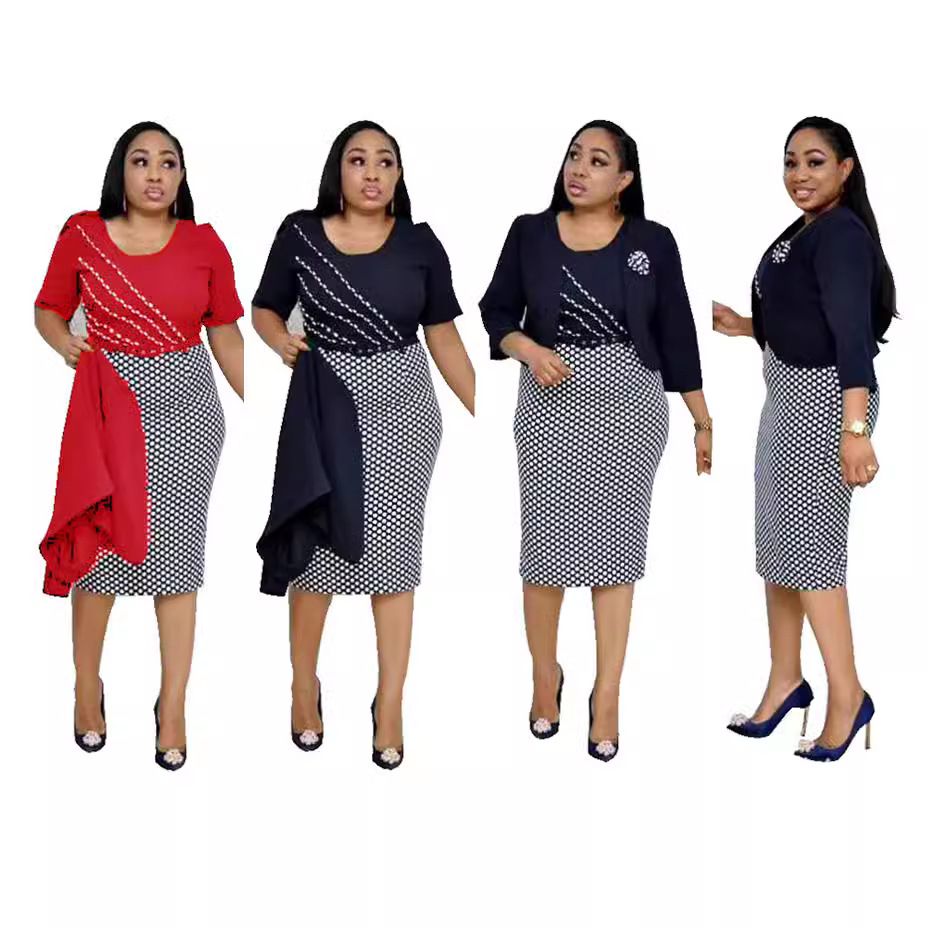Aliexpress Popular African Plus Size Women's Round Neck Plaid Ol Elegant Commuter Dress + Small Outwear