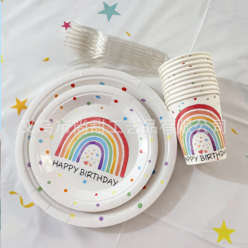 New Rainbow Happy Birthday Disposable Dinner Plate Paper Cup Fork Tablecloth Party Dress-up Tableware Cross-border Hot Sale New Rainbow Happy Birthday Disposable Dinner Plate Paper Cup Fork Tablecloth Party Dress-up Tableware Cross-border Hot Sale