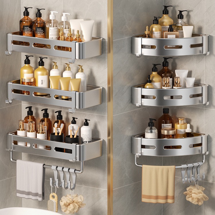 Bathroom Storage Rack, No-Drill Space Aluminum Shower Room Wall-Mounted Corner Shelf, Triangular Storage Rack, Waterproof
