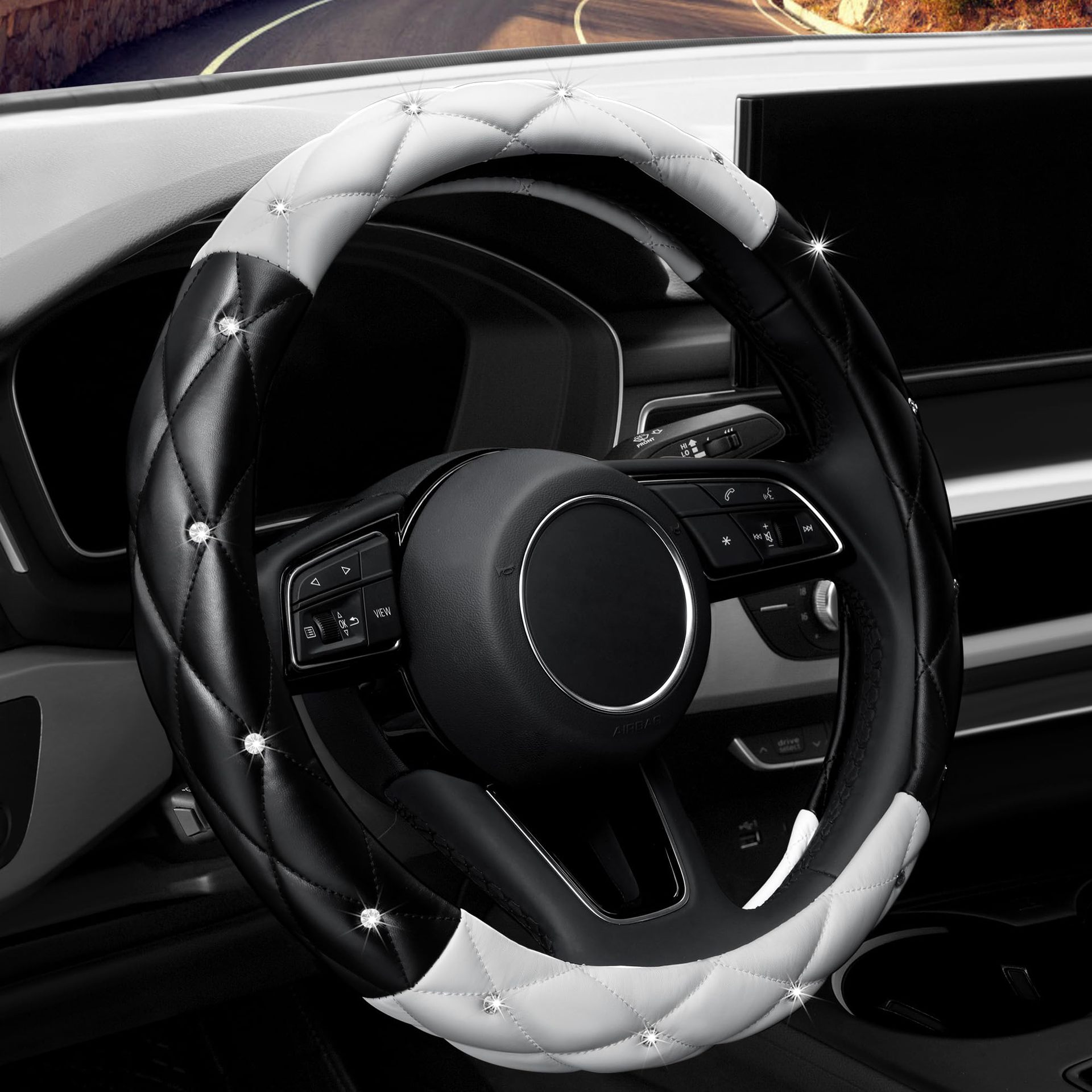 Factory Direct Sales Amazon Car Diamond-Studded Steering Wheel Cover, Universal for All Seasons, Soft Leather Anti-Slip Rhinestone Handle Cover