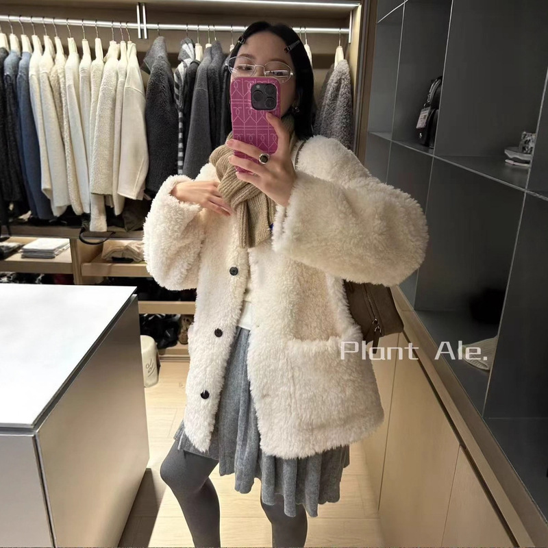 Lamb Wool Outwear 2025 Winter New Fur Integrated Fur Women's Mid-Length Sheepskin V-Neck Cardigan 8S293