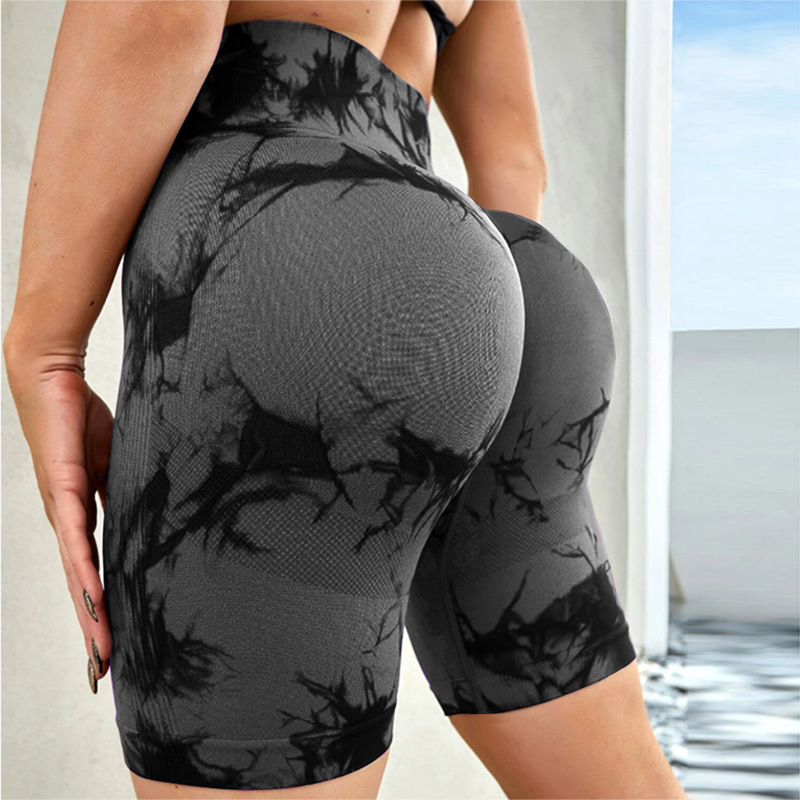 Cross-Border Amazon Yoga Shorts Tie-Dye Large Size High-Waist Sports Outdoor Tight-Fitting Hip Peach Fitness Shorts for Women