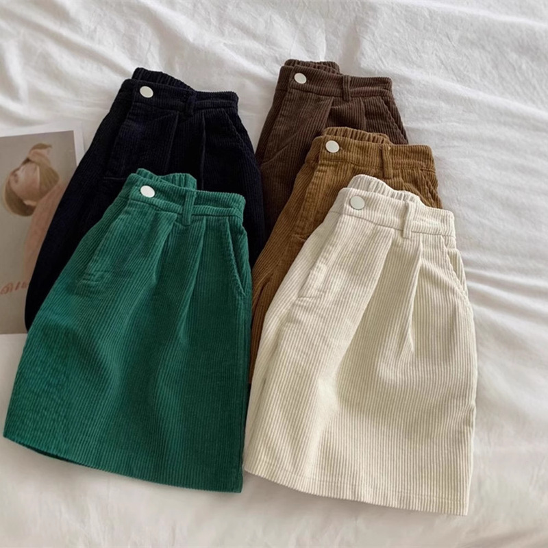 New American Style Autumn and Winter plus size Vintage Corduroy Shorts Wide Leg Pants High Waist Slimming Loose Waist Casual Outer Wearing Women