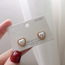S925银针韩版2023新款爱心珍珠耳钉小巧简约港风韩国网红气质耳饰