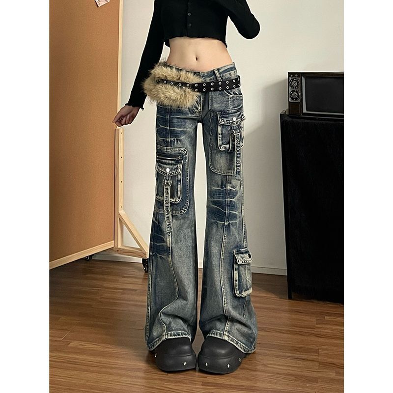 In-Stock American-Style Workwear Jeans for Women, Low-Waist Y2K Subculture Multi-Pocket Flared Hot Girl Washed Long Pants, Slimming Effect