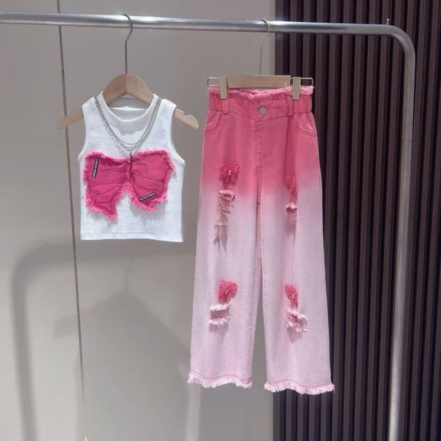 흰색 패치 나비 조끼 + 나비 찢어진 바지