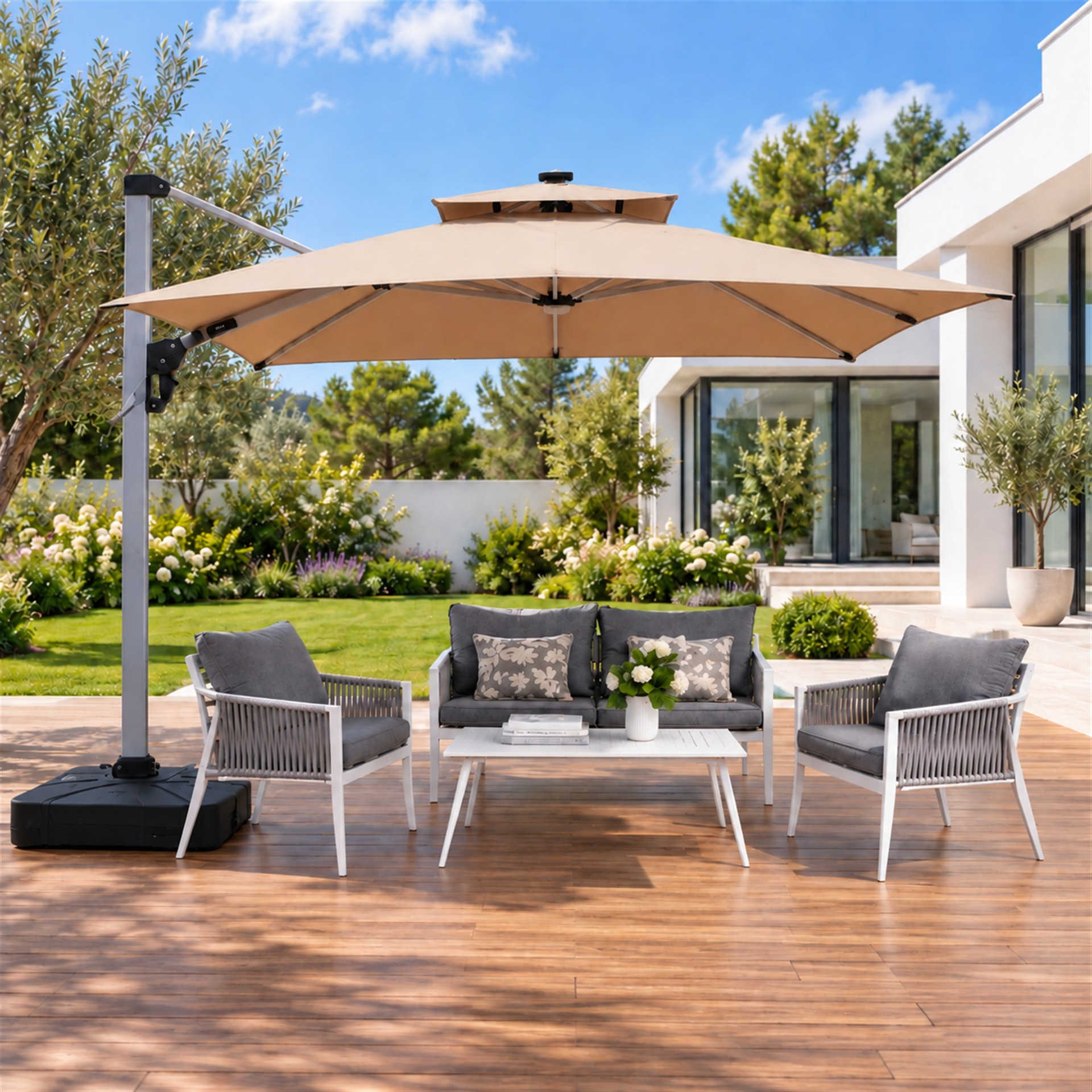 Jialan outdoor sunshade umbrella, large solar-powered umbrella with LED lights, suitable for gardens, villas, courtyards, and patios; outdoor Roman-style umbrella