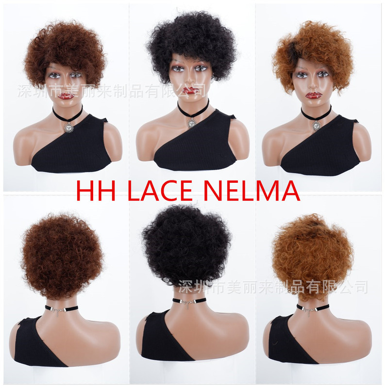 Foreign trade cross-border European and American African fluffy wig real human hair curly bangs lace mechanism short hair wig