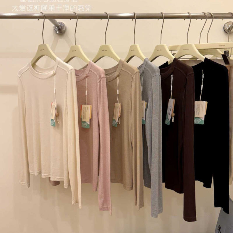 Chao Soft Tencel Wool Is a Hot Item! Basic Versatile Textured Round Neck Korean Style Bottoming Shirt