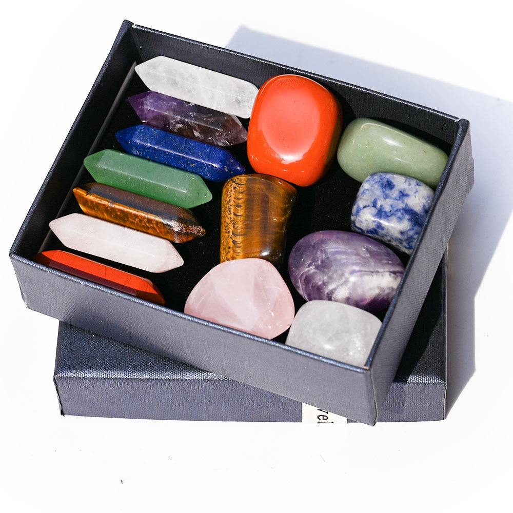 Natural colorful crystal chakra raw stone set box double-pointed…
