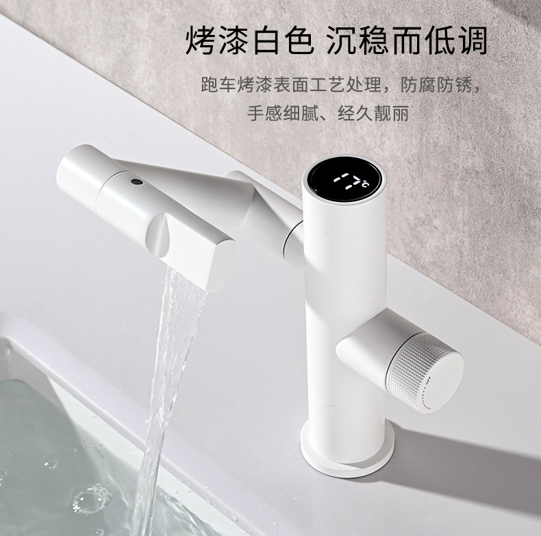 The Maneki Neko faucet shows temperature. It features a full copper swing arm washbasin gun and a gray LED digital display undefined