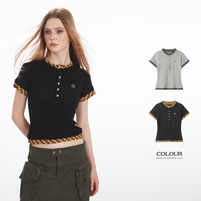 HeyHenry European and American Summer Spice Girls Fake Two-piece Top Slim-fit Slimming Shoulder Metal Standard Design Sense T-shirt Women HeyHenry European and American Summer Spice Girls Fake Two-piece Top Slim-fit Slimming Shoulder Metal Standard Design Sense T-shirt Women