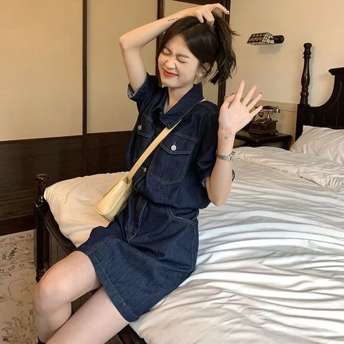 Short-sleeved denim dress for women in summer new loose large size waist-retracting and relaxing casual and age-reducing temperament skirt
