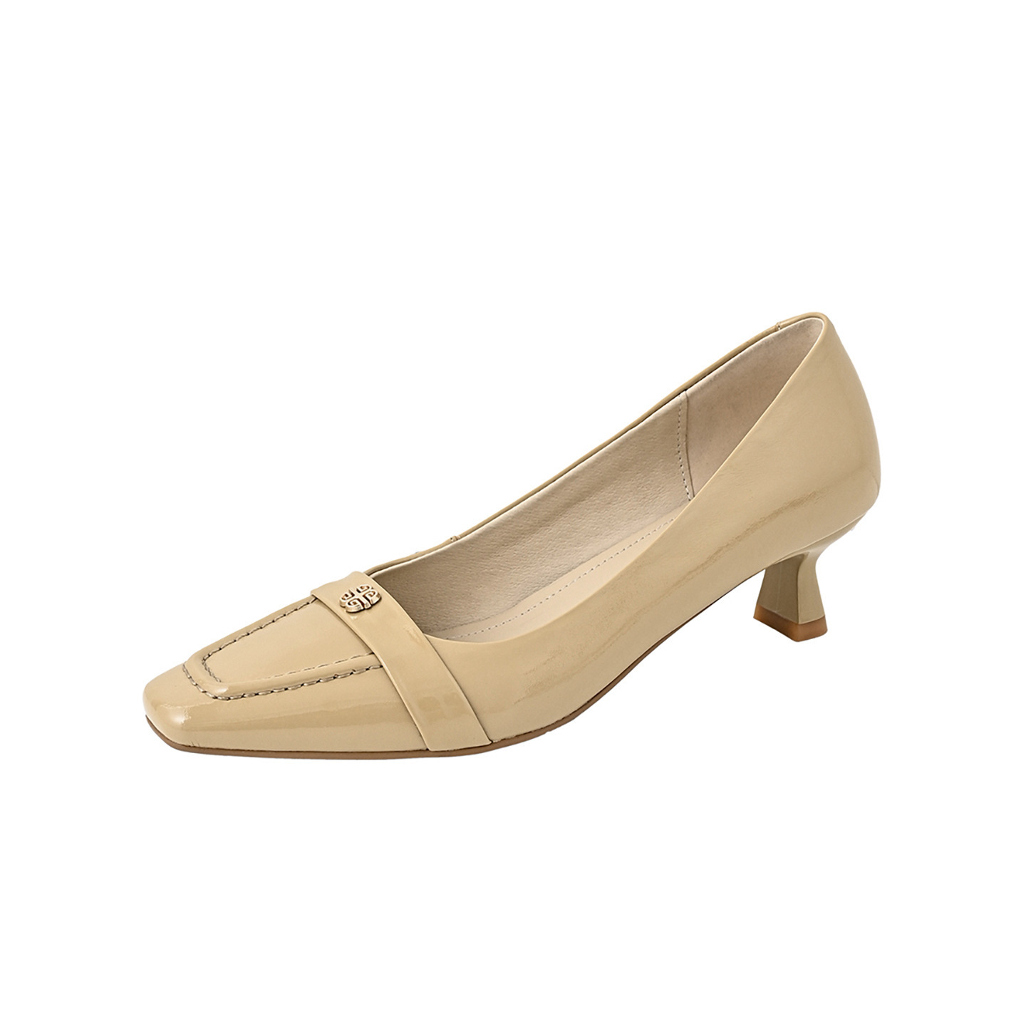 Giày cao gót nữ mũi nhọn cổ điển, gót thô vừa, họa tiết hoa sơn trà, dáng slip-on — đen