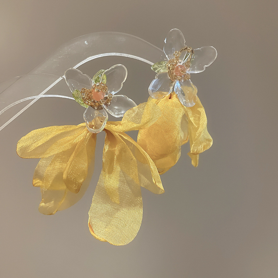 Pendientes de borla de flores de tela de aguja de plata Pendientes de estilo de vacaciones junto al mar