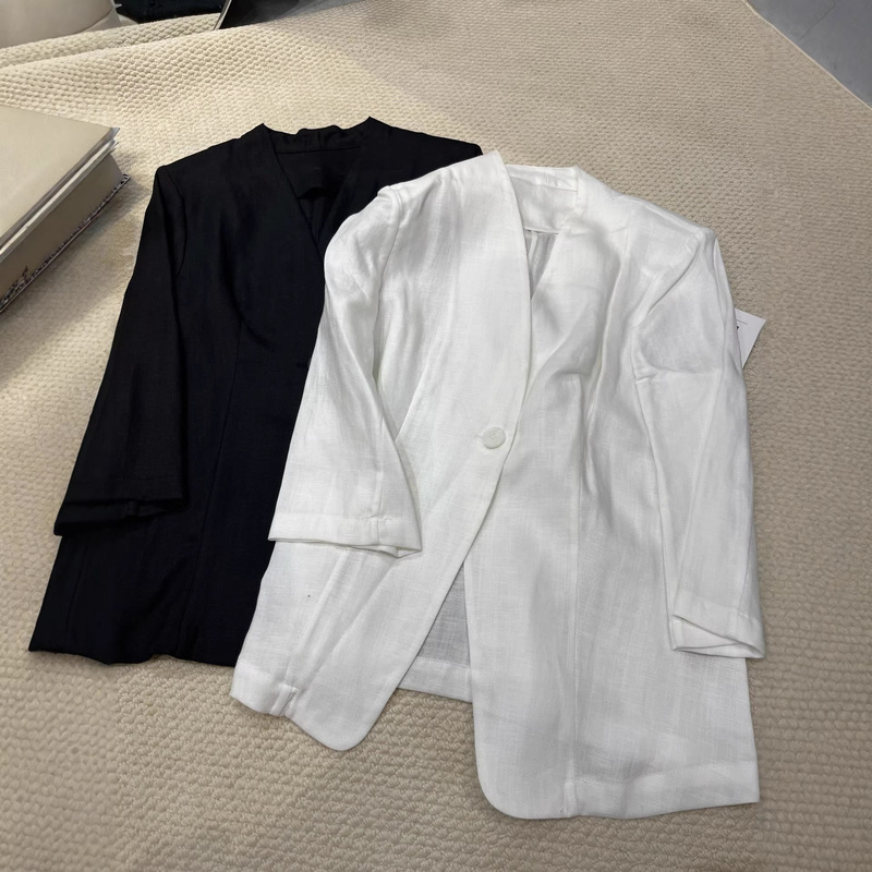 2026 Spring/Summer High-Quality Cotton-Linen Enzyme Washed Soft Thin Suit Jacket with 7/8 Sleeves Versatile Women's Blazer