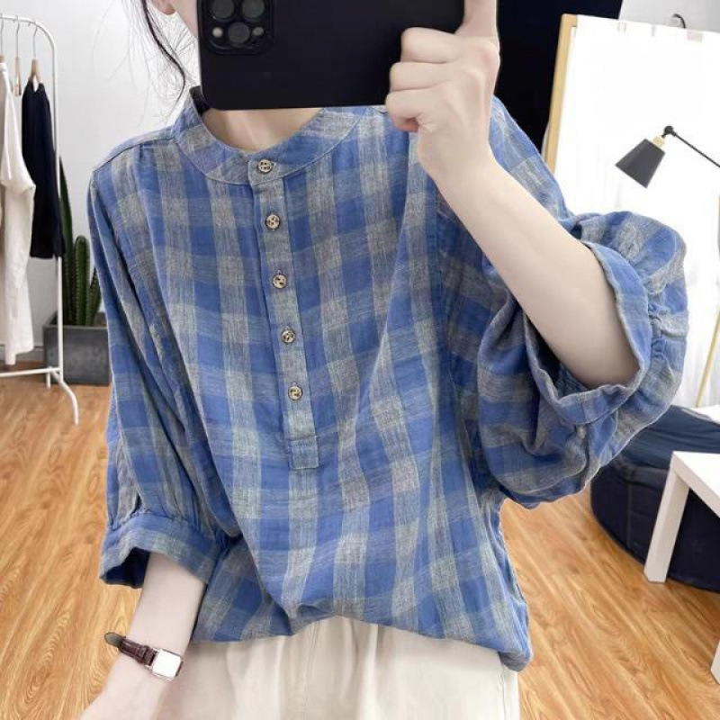Japanese Style Loose Plaid Shirt Women's Summer Pure Cotton Double-Layer Gauze Top