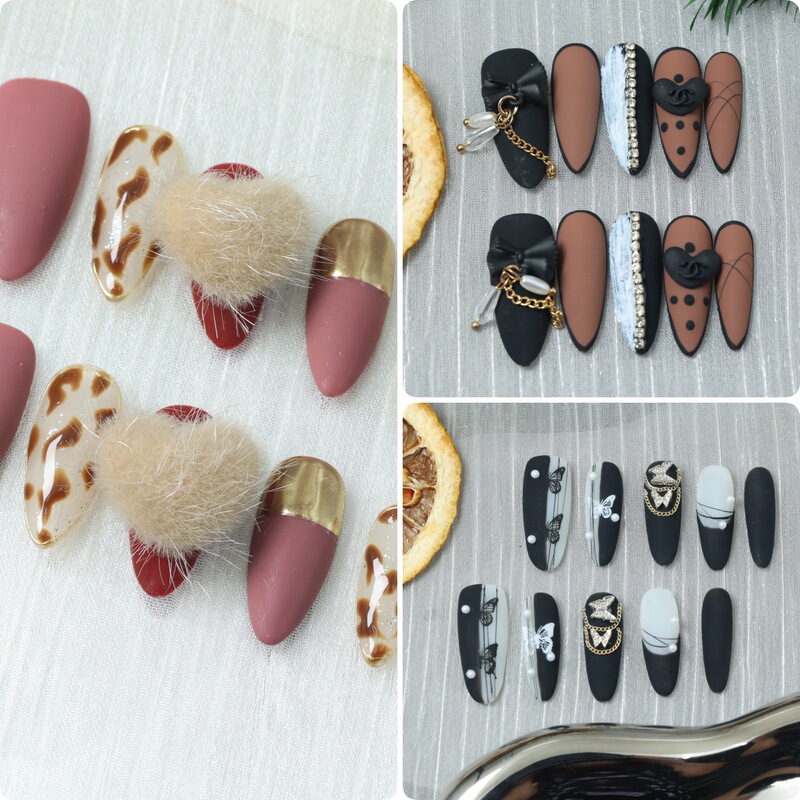 【Cross-Border Handmade Wearable Nails】European and American Style Short Nails, Chinese Style Almond Black and White Color Scheme, Direct Shipment from Factory