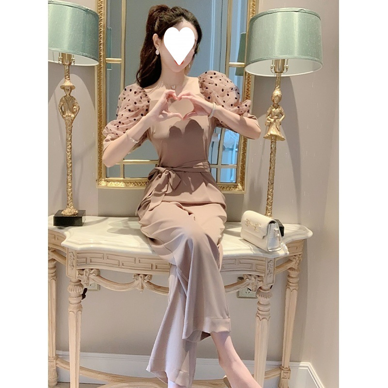 高端小香风长款连体裤女夏轻奢连身裤气质高腰泡泡袖阔腿裤连体衣