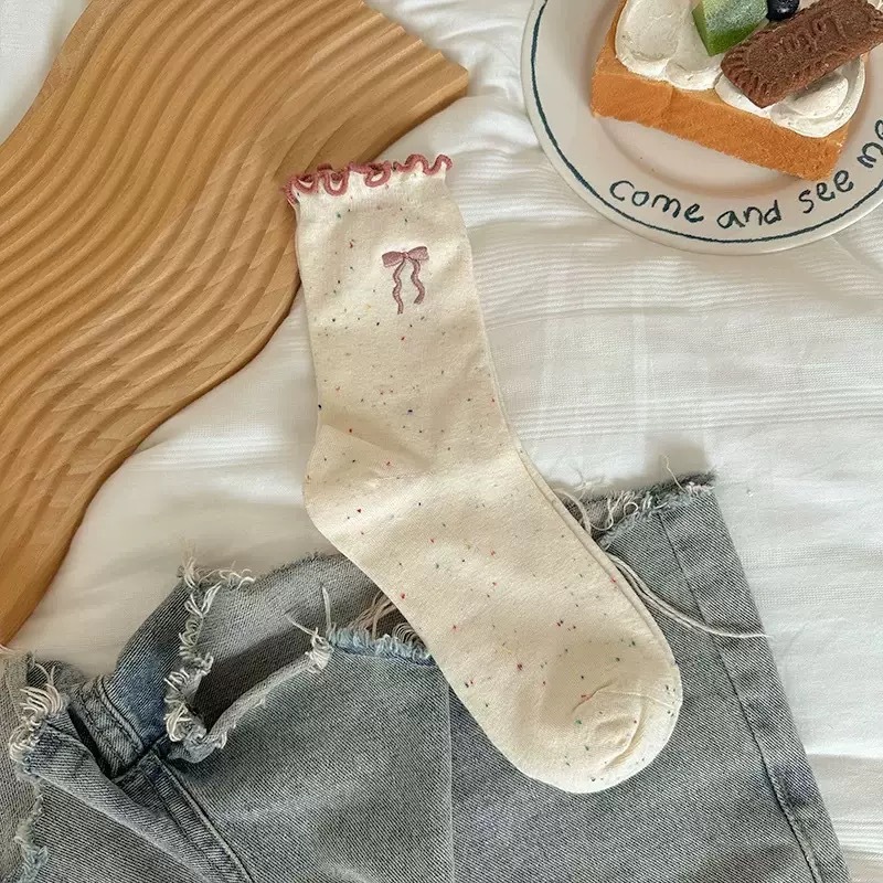 蝴蝶结袜子女春秋款堆堆袜日系可爱木耳边防臭纯棉中筒袜配勃肯鞋|undefined