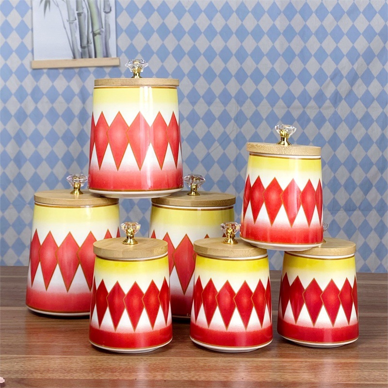 Comercio exterior exportación de cerámica de lujo ligera condimento cocina cubierta de madera condimento caja de cuentas superior conjunto de comercio con estante de contenedor