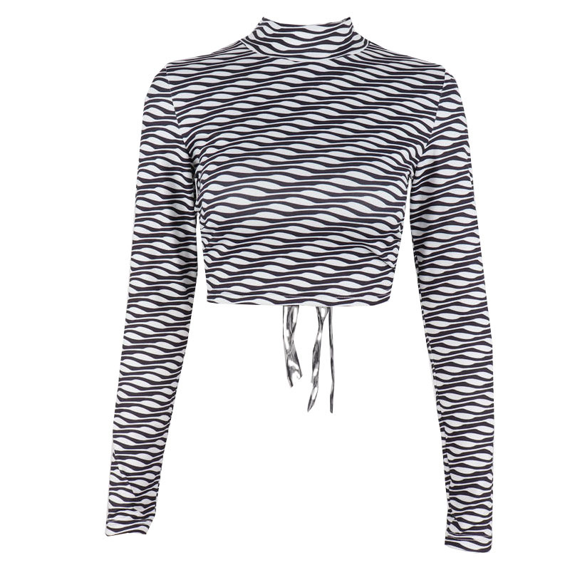 Turtleneck Striped Print Back Hollow Lace Up Long-Sleeved Top NSBJD111418