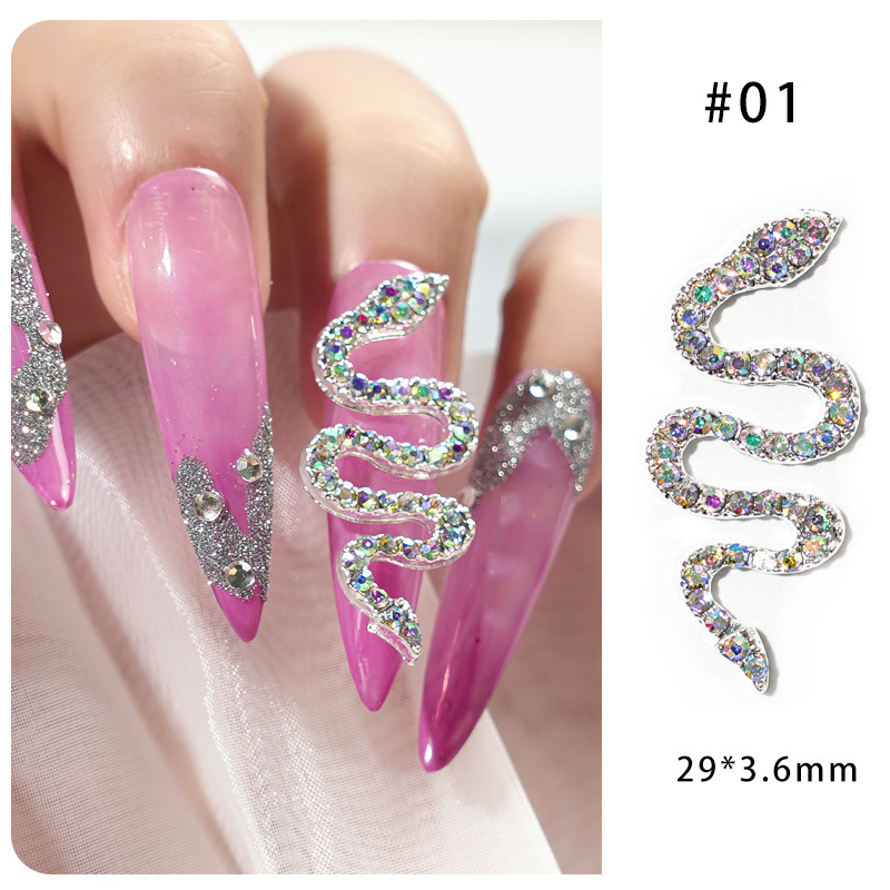 Aleación de uñas serpiente incrustada en diamantes accesorios de uñas tridimensionales Diamante de uñas joyas de metal oro plata diamante accesorios de uñas