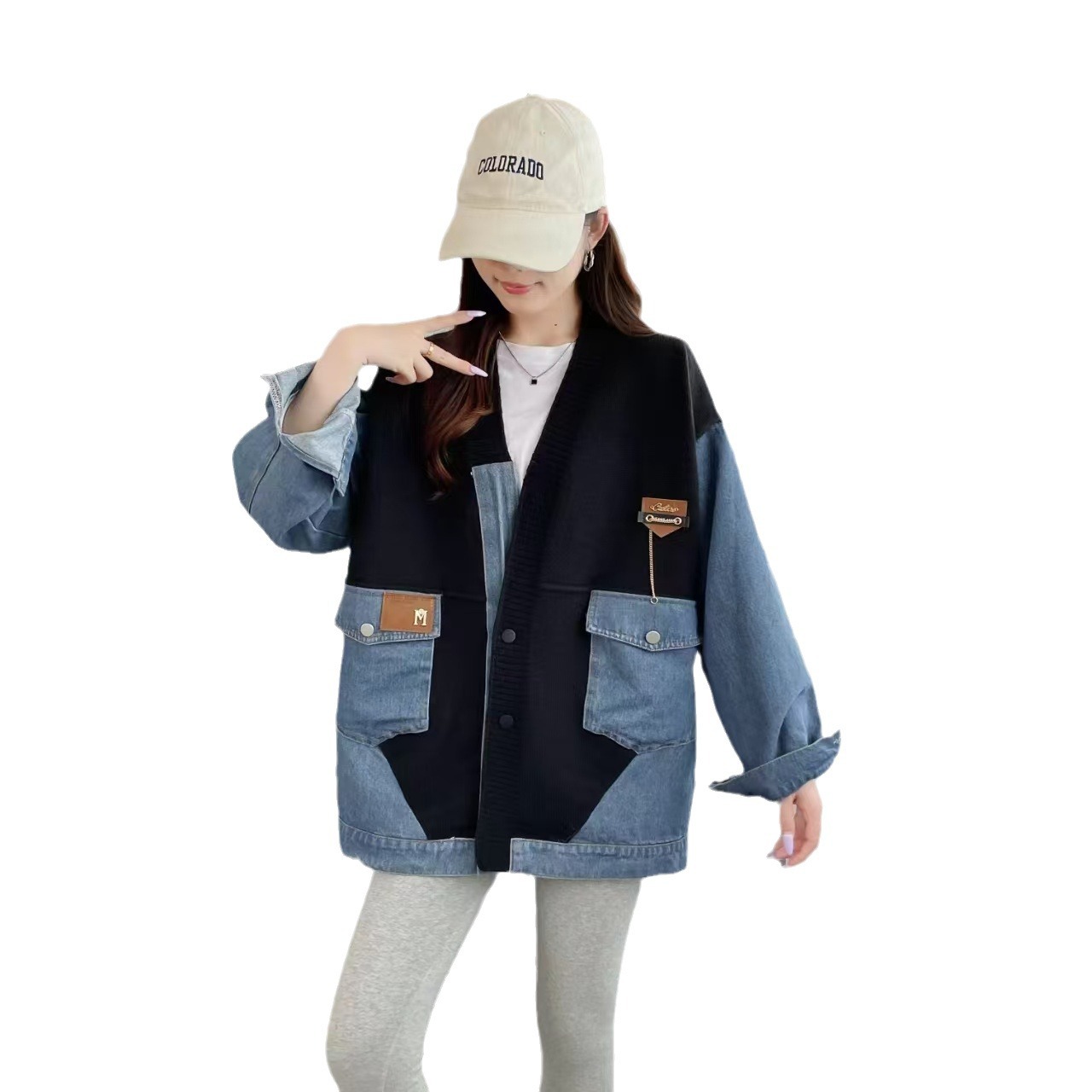 Damenbekleidung Denim-Spleiß-Strickjacke 2024 Herbst und Winter neue lockere Freizeitmode vielseitige Pulloverjacke im Lazy-Style für Damen_voghion.com