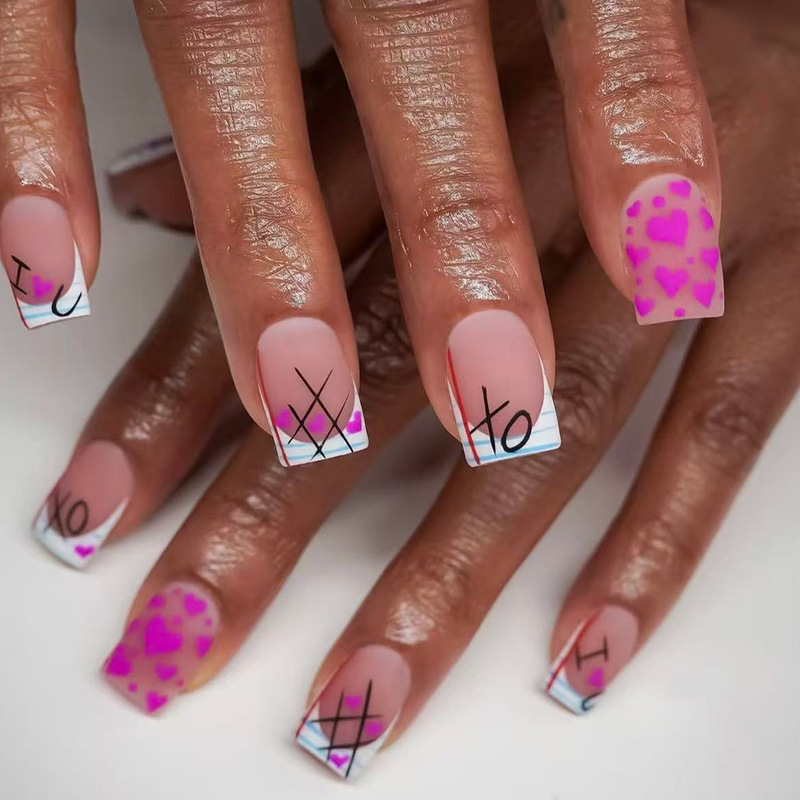 Valentine's Day Pink Matte Xoloy Letter Heart Plaid French Short Square Wearable Manicure Fake Nails