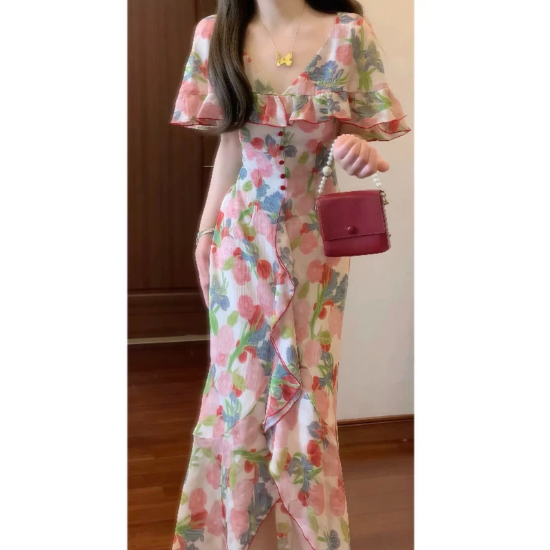 French Romantic and Elegant Retro Ruffled Cape Collar Floral Dress Women's Summer Waist Slimming Long Skirt