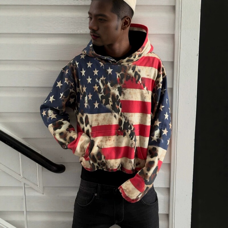 Cross-border retro patchwork 3D printed hooded sweatshirt with a mix of national flag, star, stripe, and leopard print, featuring a distressed, loose-fitting design