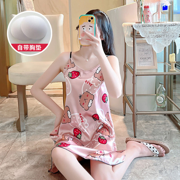 2024 pijama de verano cinta de simulación cojín de pecho delgado de dibujos animados sexy vestido de pijama de ropa de casa de mujer vestido unificado