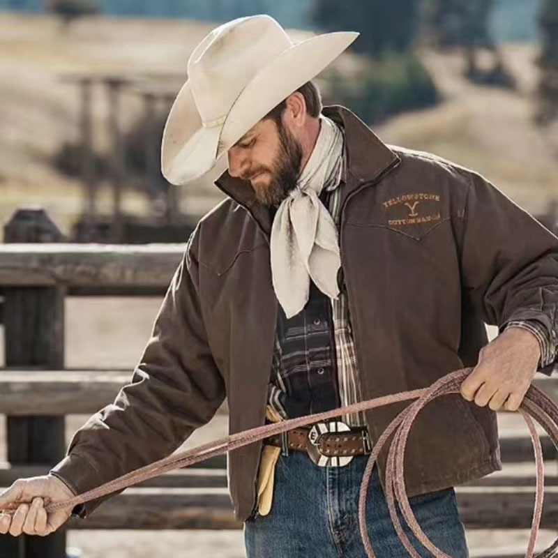 Cross-border European and American Independent Station wish New Export Men's Yellow Stone Embroider Washed Cotton Jacket Men's Casual Jacket