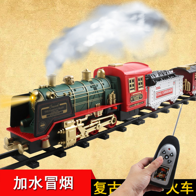 Cross-border supply remote control rail car children's toy smoke Music light Christmas charging small train toy car