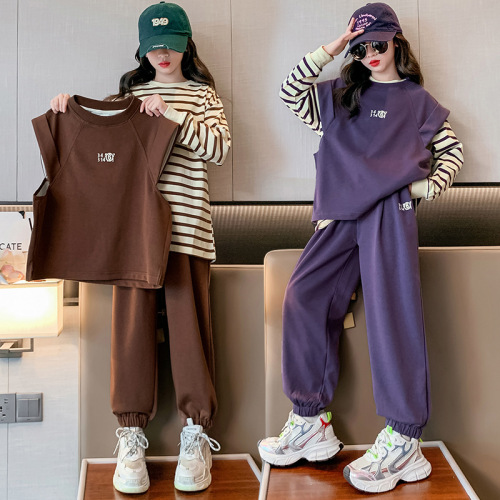 Girls' Autumn Set Sports Outfit Children's  New Stylish Trendy Girls' Large Children's Striped Vest Three-Piece Set
