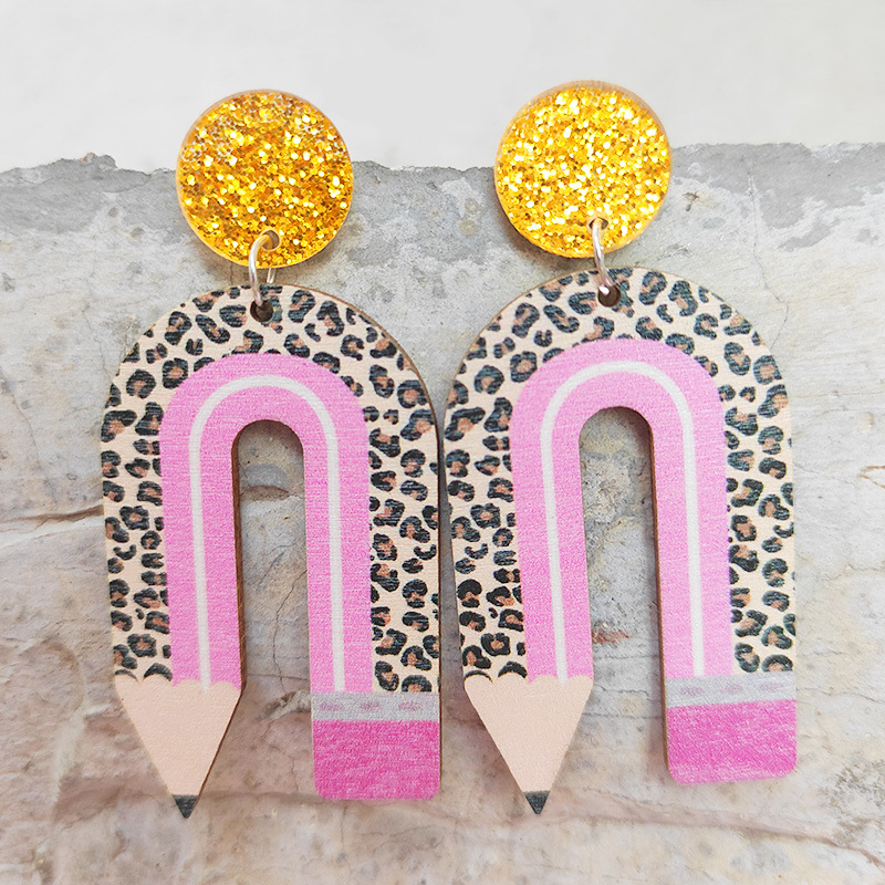 1 Pair Novelty Simple Style Rainbow Leopard Pencil Printing Arylic Wood Drop Earrings display picture 5
