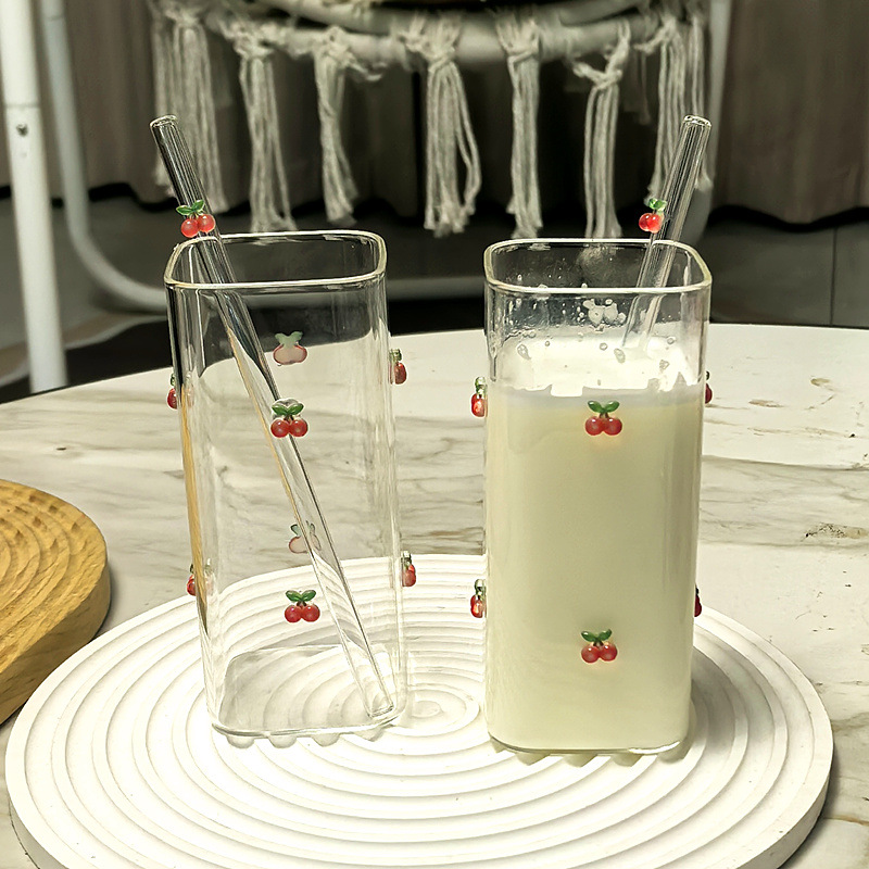 Glass Mug With Cherry Pattern For Cold Coffee And Juice_voghion.com