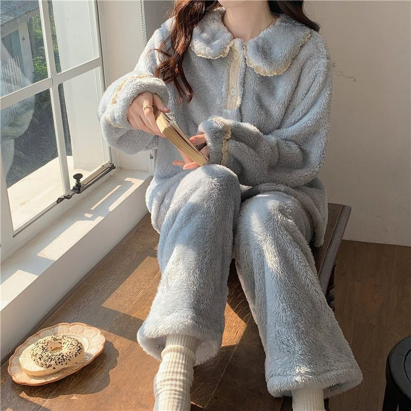 Coral Fleece Small Outer Wear Doll Collar High-end Fleece-lined Thickened Pajamas Women's Winter Home Clothes Two-piece Set for Winter