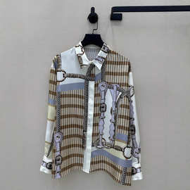 法式25春夏新款复古定位印花斜纹真丝气质通勤长袖小宽松百搭衬衣